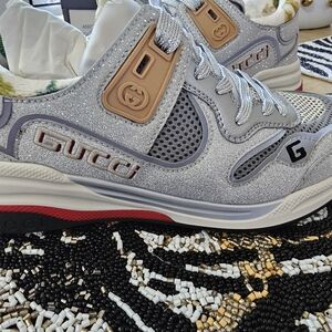 Gucci Silver and Gold Beaded Sneakers